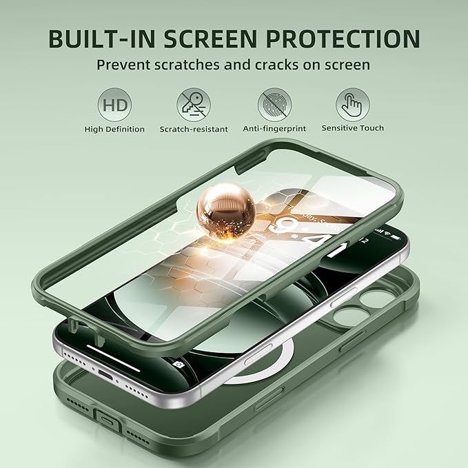 BERFY for iPhone 17 Pro Max Case, Compatible with MagSafe, Built-in Glass Screen Protector, Camera Protection, Shockproof Full Body Phone case 6.9", Translucent Deep Green