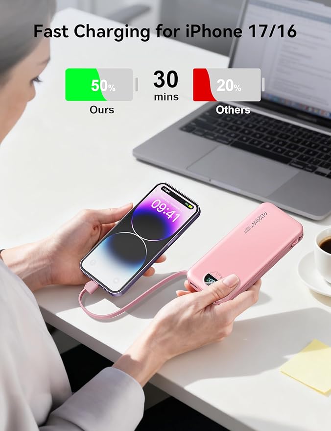 10000mAh Ultra-Portable-Charger-Power-Bank with Built in Cables&AC Wall Plug, PD20W USB-C Fast Charging Cell Phone Charger Battery Pack,LED Display Travel Battery Bank for All iPhone,Samsung,Android