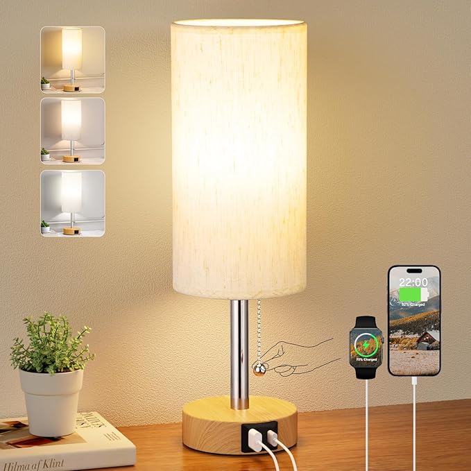 PartageiZ Small Table Lamp for Bedroom Nightstand - Bedside Lamp with USB A + C Charging Port, 3 Color Temperatures Pull Chain Night Stand Light, Wood Base Desk Reading Lamp for Class Room/Nursey