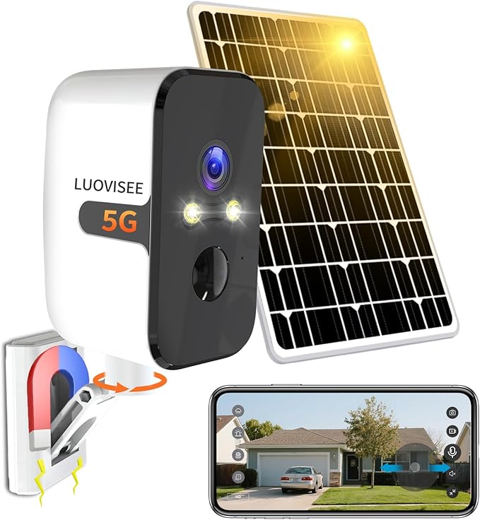 Luovisee 2.4/5G WiFi Cameras for Home Security with Solar Panel,Pan Rotating 180° Magnetic Security Camera Wireless,No Monthly Fee, Motion Detection,Work with Alexa,IP65 Weatherproof,Outdoor & Indoor