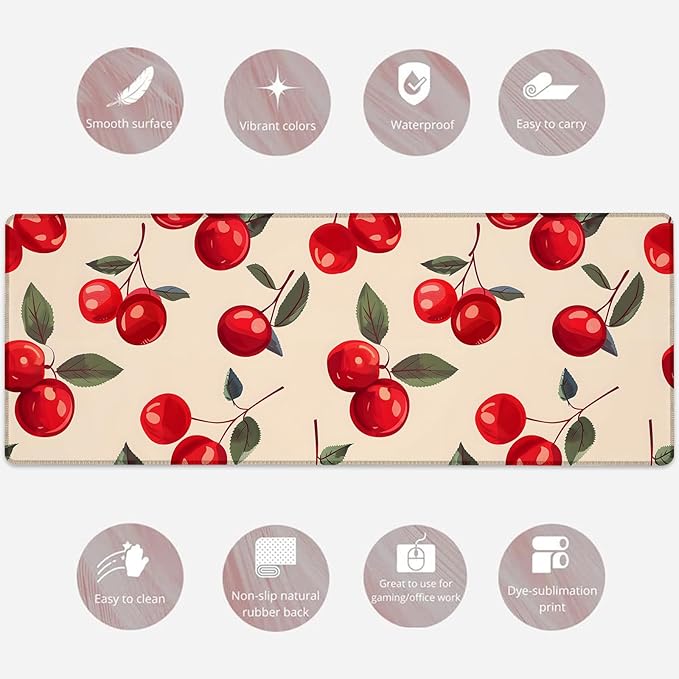 Tasty Cherry Gaming Mouse Pad, Large Fresh Fruit Desk Mat for Laptop Keyboard Computer, Non-Slip Rubber Base Desktop Extended Mousepad for Office Home Accessories 31.5"×11.8"