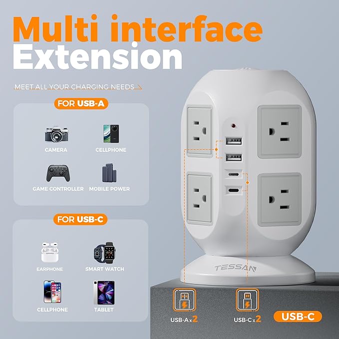 TESSAN Tower Surge Protector Power Strip 10 ft, Long Flat Extension Cord with Multiple Outlets, 8 AC Outlets with 4 USB Ports (2 USB C), Charging Station with Surge Protection, for Home Office Dorm