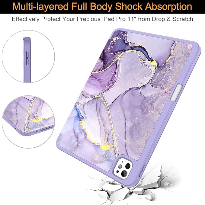 Soke Case for New iPad Pro 11 Inch (M5/M4) 5th Generation 2024-2025 with Pencil Holder - [Shockproof + Apple Pencil Charging + Auto Wake/Sleep], Soft TPU Back Cover for iPad Pro 11", Lilac Marble
