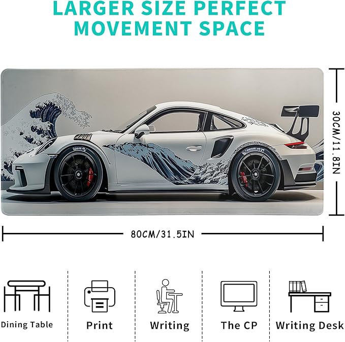 White Ukiyo-e Style Sports Car Large Gaming Mouse Pad Desktop Mat 31.5x11.8 Inch - Non-Slip Rubber Base - for Gamers - Perfect for Gamers & PC Enthusiasts