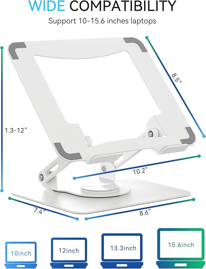 SOUNDANCE 360 Rotating Laptop Stand, Ergonomic Computer Riser for Desk, Adjustable Height Multi-Angle Metal Holder, Foldable Portable Notebook Elevating Base for Office & Home, White