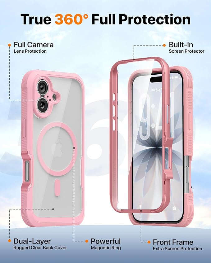Diaclara Magnetic Designed for iPhone 17 Case Full Body Bumper,[Compatible with MagSafe] Military Drop Proof Cover with Built-in Touch Sensitive Anti-Scratch Screen Protector,Pink