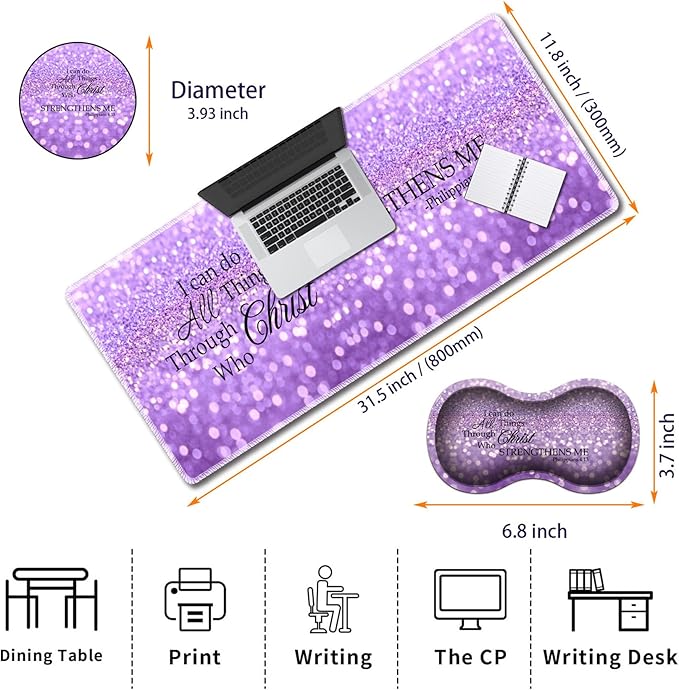Durable Desk Mat + Wrist Rest Pad + Coasters Set, Large Gaming Office Mouse Pad 31.5 "x 11.8", Extended Non-Slip Rubber Keyboard Pad, Laptop & Home, Purple Glitter Quote Philippians 4-13