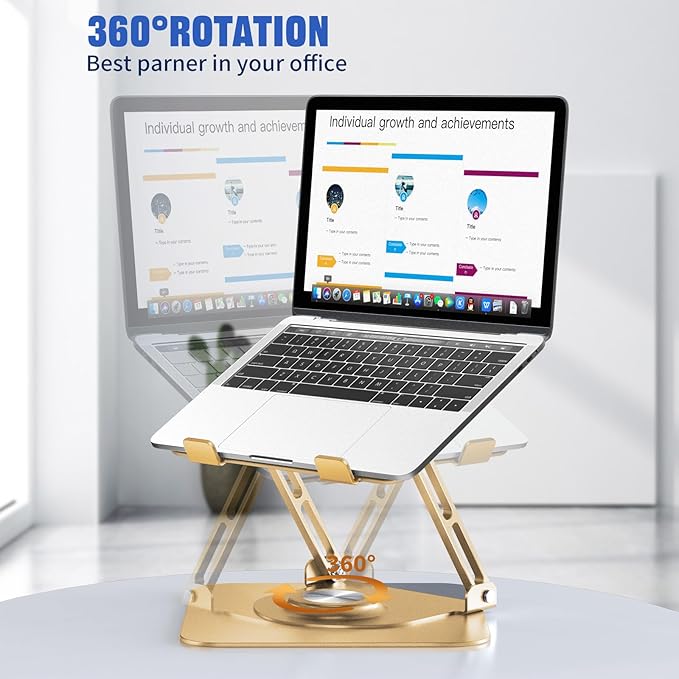 JOYEKY Laptop Stand for Desk, Adjustable Computer Stand with 360° Rotating Base, Ergonomic Laptop Riser for Collaborative Work, Foldable & Portable Laptop Stand, fits for All 10-16" Laptops (Gold)