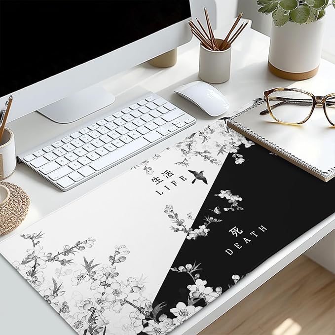 Black and White Cherry Blossom Gaming Mouse Pad XL，Large Mouse Pad Japanese Sakura Death Life Mouse Mat Desk Pad, Extended Stitched Non-Slip Rubber Edges Mousepad 31.5 X 11.8 Inch