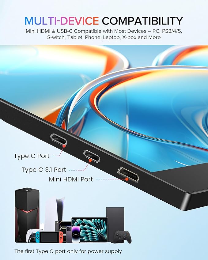 Newsoul Portable Monitor 15.6'' Ultra-Slim Travel Monitor 108%sRGB | 2000:1 Contrast USB C Mini HDMI Plug & Play IPS Monitor Built-in Stand | Speakers External Screen for Laptop Phone Game Console PC