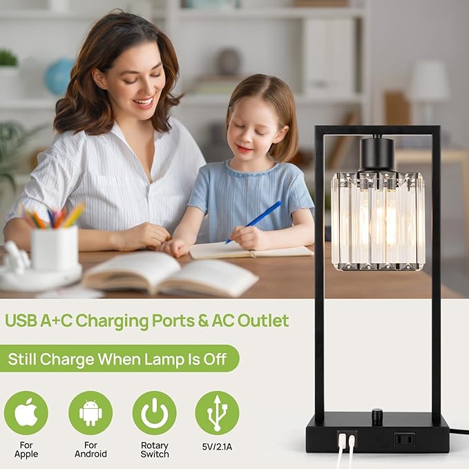 16" Desk Lamps for Home Office, Bedside Lamps with USB C+A Ports and Outlet, Black Fully Stepless Dimmable Industrial Table Lamps with Crytal Glass Shade for Reading Living Room, LED Bulbs Included