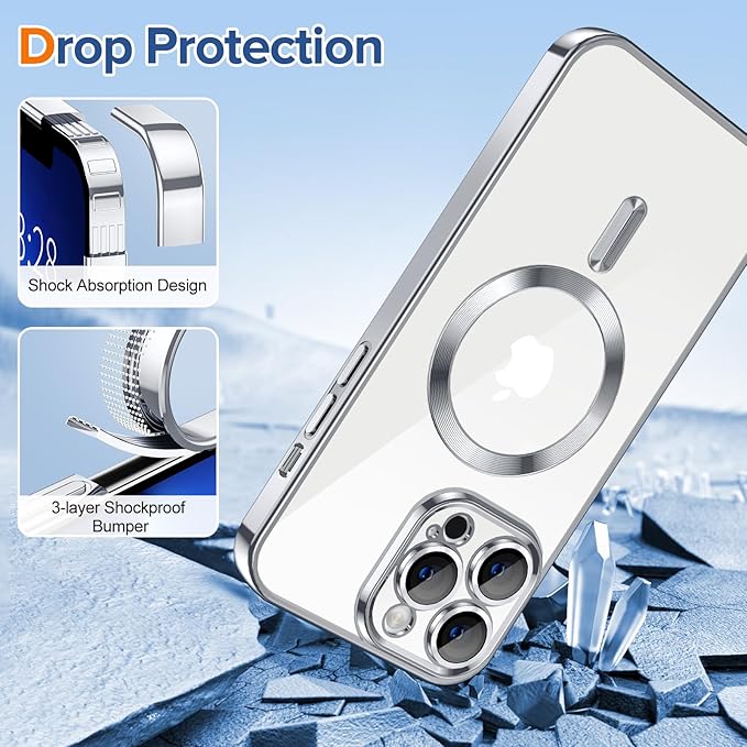 Hython Magnetic Clear for iPhone 13 Pro Case with Camera Lens Protector [Compatible with MagSafe] Luxury Plating Edge Slim Soft TPU Cover Protective Phone Case for iPhone 13 Pro 6.1", Silver