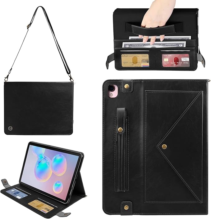 Handbag Case for iPad 10.2" (2019-2021) & iPad Pro/Air 10.5", Techcircle Folio Stand iPad Crossbody Wallet Case with Pencil Holder & Envelope Pocket, Hand Strap+Shoulder Strap Protective Cover, Black