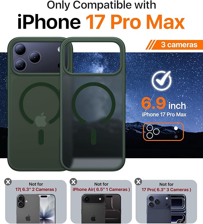 Magnetic for iPhone 17 Pro Max Case,[Anti-Slip][Compatible with MagSafe][Military Grade Drop Protection] Shockproof Protective Translucent Phone Case for iPhone 17 Pro Max Case,Forest Green