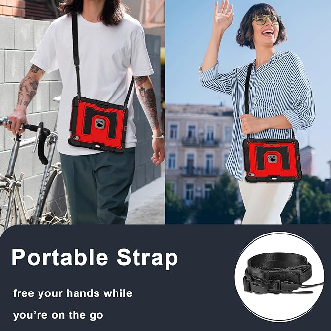 Kids Friendly Case for iPad Air 11 Inch M4 M3 M2 2026/2025/2024 Case with Pencil Holder & Shoulder Strap, Military Grade Shockproof Kickstand Hard Shell Protective Cover,Black+Red