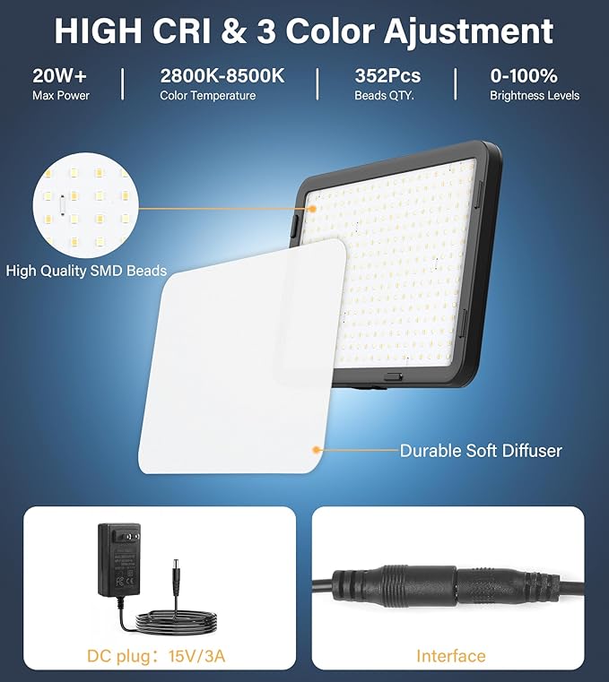 Unicucp 2 Pack LED Video Light, Photography Lighting Kit with 62.99'' Tripod Stand, Dimmable 2500-8500K 22W Studio Lights for Video Recording Game Live Streaming YouTube Podcast Photo