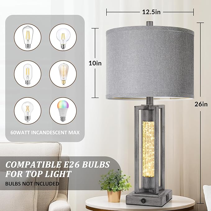 TOBUSA 26’’ Farmhouse Table Lamps for Living Room Set of 2, Modern Nightstand Lamps with Crystal Night Light & 2 USB Ports, Vintage Home Decor Grey Bedside Lamps with Gray Linen Shade for Bedroom