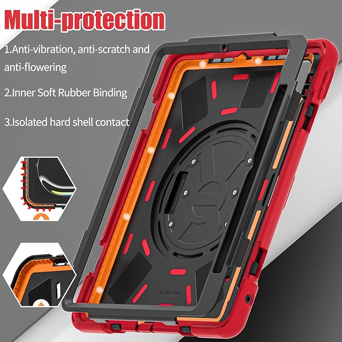 Batianda Case for New iPad Pro 11-inch 2025 M5 2024 M4 Chip Heavy Duty Rugged Durability Silicone Tablet Cover with 360° Rotating Hand Strap Foldable Hidden Stand & Shoulder Strap, Red