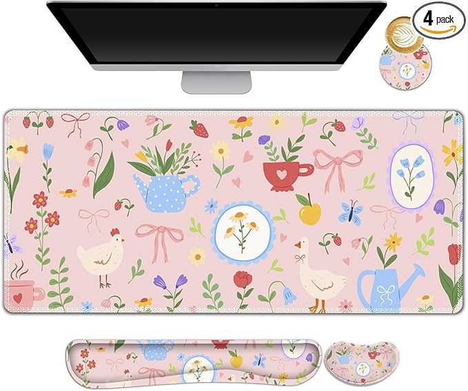 Large Gaming Mouse Pad Set, Adorable Style 4 in1 Ergonomics Keyboard Desk Mat with Memory Foam Wrist Rest, Extended Game Mousepad, Non-Slip Desk Pad Matt Easy Typing Pain Relief I Pink Girly