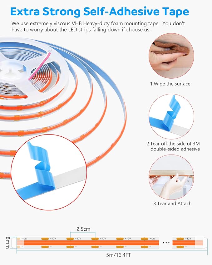 Aclorol Led COB Light Strip 16.4ft Red Flexible COB Strip Lights 12V for Bedroom Tape Lighting 1600Leds/5M for TV Cabinet Closet Other DIY Lighting(Power Supply&LED Dimmer Not Included)