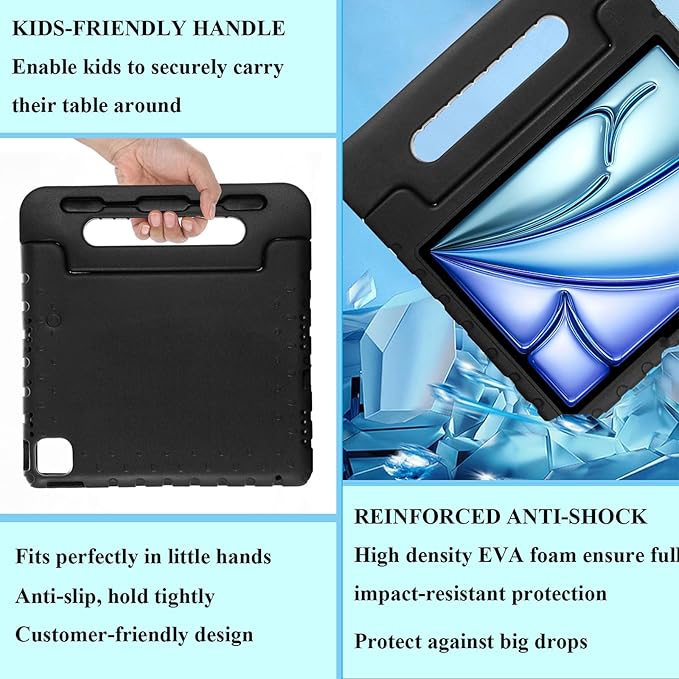 Kids Case for iPad Air 11-inch M3/M2 & iPad Pro 11 inch Case M5/M4 (2025/2024) with Pencil Holder/Kickstand Lightweight Convertible Handle Stand EVA Shockproof Rugged Protective Cover, Black