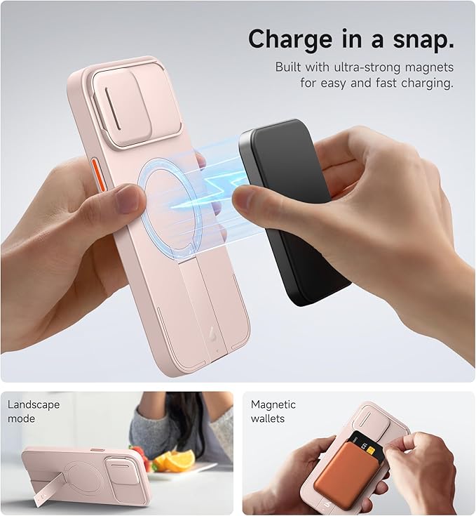 SURITCH for iPhone 13 Pro Max/12 Pro Max Case with Magnetic Camera Slide Cover and Adjustable Kickstand, Compatible with MagSafe, Shockproof Bumper Case Slim Protective Cover 6.7 Inch, Pink