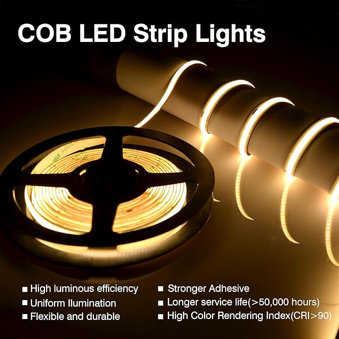 Pandery COB LED Strip Lights Warm White,24V Dimmable led Light Strip KIT with Remote and app Control,3000K 25FT/7.5m 8mm Wide Ra>90 Cuttable Flexible Strip Lights for Bedroom,Wardrobe,Cabinet