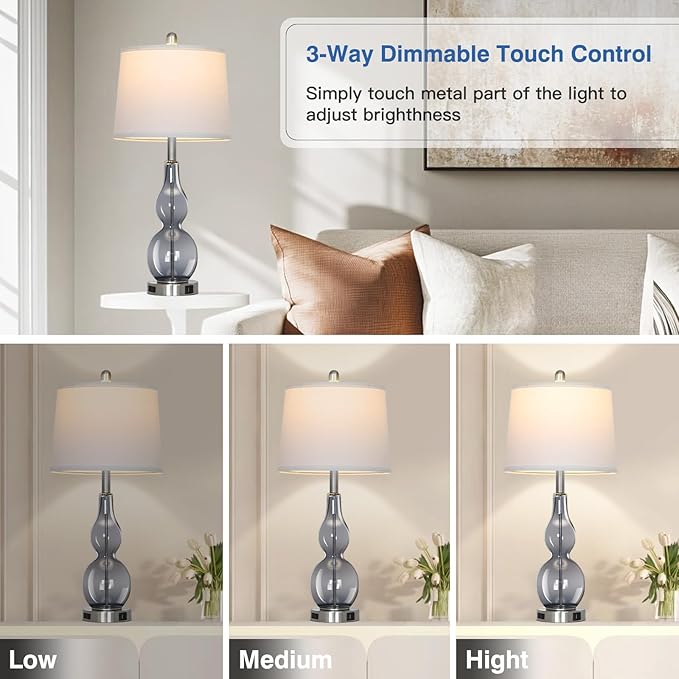 Rinweey 27.5" Gray Clear Glass Table Lamp Set of 2,3-Way Dimmable Touch Control Bedside Lamps with USB Ports and AC Outlet, Modern Nightstand Lamps for Bedroom Living Room