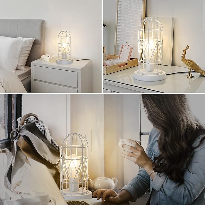Seaside village Bedside Touch Lamp, Small Table Lamp for Bedroom Living Room, 3 Way Dimmable Modern Nightstand Lamp, Simple Desk Lamp with White Metal Cage Shade, 2700K LED Bulb Included