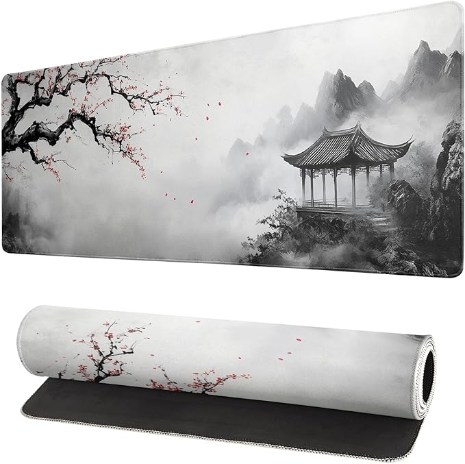 Watercolor Cherry Blossom Mouse Pad 31.5x11.8 Inch Full Desk Japanese Mousepad Large Non-Slip Rubber Base Waterproof Keyboard Mat with Stitched Edges for Gaming （Cherry Blossom Watercolor 1）