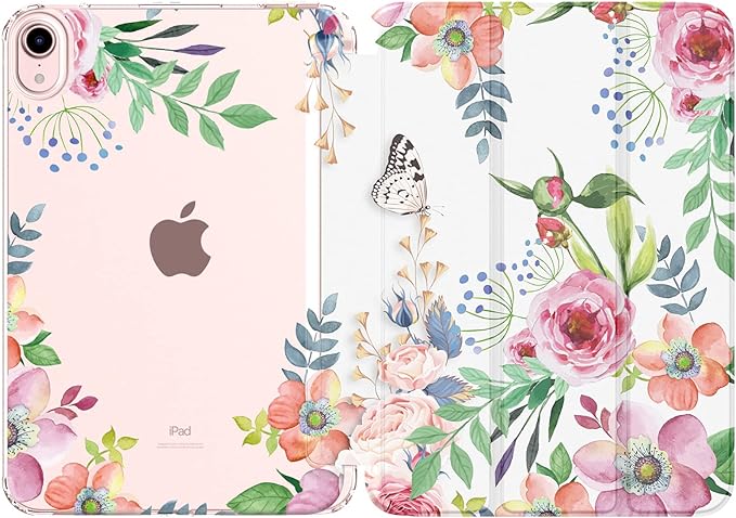 MoKo Case Fit New iPad mini 7 (A17 Pro) 2024, iPad mini 6th Generation Case 2021 (8.3-inch), iPad mini 6 Case, Soft TPU Translucent Frosted Back Cover Case for iPad mini 7th, Fragrant Flowers