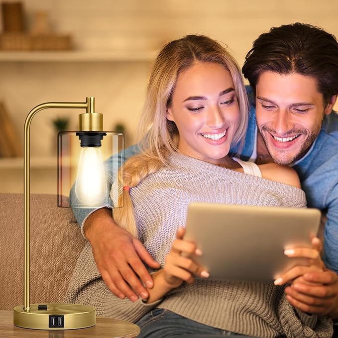 Nintiue Industrial Touch Table Lamps Set of 2-2 USB Ports & AC Outlet Nightstand Lamps, 3-Way Dimmable Bedside Desk Lamp for Living Room Bedroom, Glass Shade & 2 LED Bulbs Included - Brass