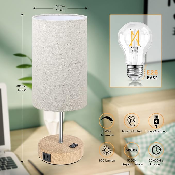 Bedside Table Lamps with 2 USB Charging Ports & AC Outlet, Set of 2 Touch Control Wooden Base Nightstand 3-Way Dimmable Lamps with Beige Fabric Shade for Bedroom, Living Room, A19 E26 Bulbs included