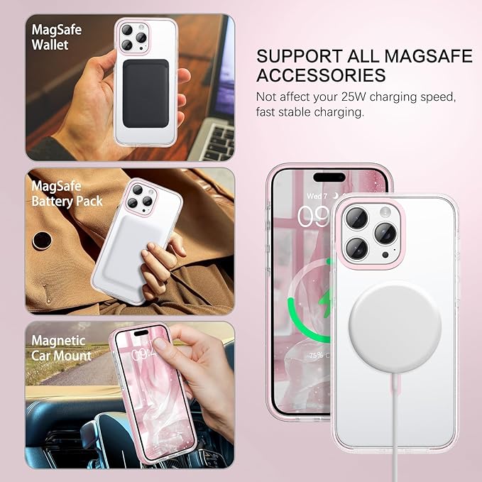 BENTOBEN Magnetic for iPhone 15 Pro Max Case 6.7", Compatible with Magsafe Military Shockproof Protective Bumper Cute Transparent Slim Anti-Yellowing Case for iPhone 15 Pro Max Cover, Clear Pink