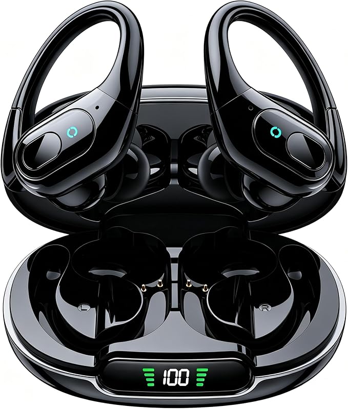 occiam Active Noise Cancelling Earbuds Wireless Bluetooth Headphones 90Hrs Playback Stereo Bass Earphones with Mic Over-Ear Hooks IPX7 Waterproof Headset for Work Sports Running Glossy Black