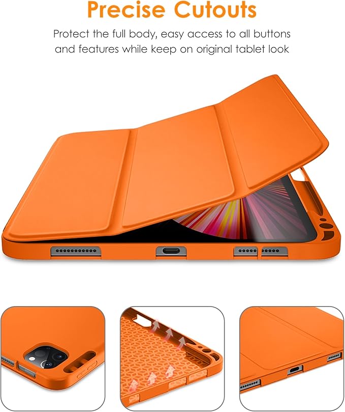 DTTO for iPad Pro 11 inch 4th/3rd/2nd/1st Generation 2022/2021/2020/2018 Case, Smart Slim Trifold Stand Soft TPU Back Cover with Built-in Pencil Holder, Also Fit iPad Air 5/4,Orange