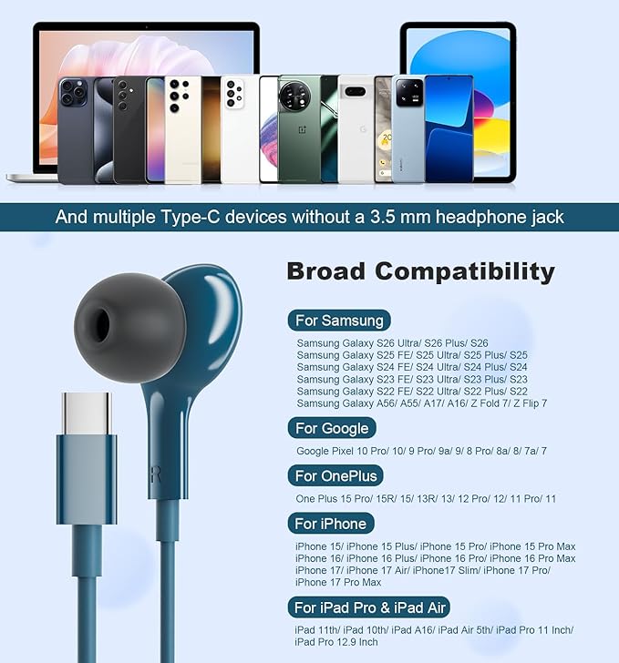 USB C Headphones for iPhone 15 Plus 16 Pro 17 Pro Max Samsung Galaxy Headphones S24 S23 Ultra S26 S25 S22 A56 A55 A26 A16 Pixel Xiaomi Wired Earbuds Magnetic in-Ear Type C Earphones with Microphone