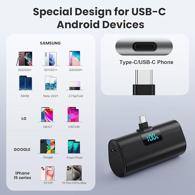 [2-Pack]Portable Charger for iPhone 16/15 Series,5200mAh PD USB C Power Bank Built-in USB-C Connector,Battery Pack Compatible with iPhone 16/16 Plus/16 Pro/16 Pro Max/15 Series,Android (Black+Pink)