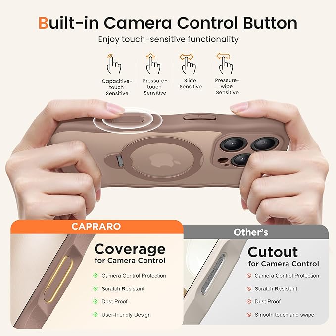 CAPRARO for iPhone 16 Pro Case with 360° Spin Magnetic Stand for Women, [Compatible with MagSafe] [Full Camera Protection] Cute Wave Translucent Matte Case for iPhone 16 Pro, Brown