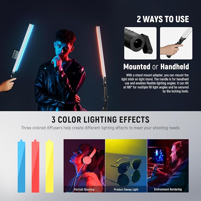 NEEWER Upgraded LED Video Light Stick & 2.4G Remote Kit, 2 Pack Handheld Dimmable 3200K~5600K CRI97+ Video Lighting with Stands/Filters/Bag for YouTube Video Recording Photography Gaming, BH20B Silver