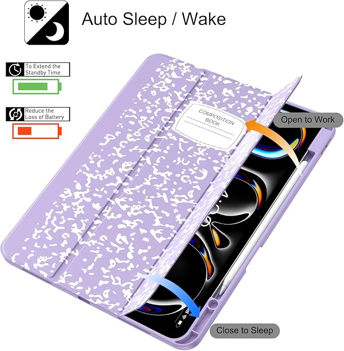 Soke Case for New iPad Pro 13 Inch (M5/M4, 2025/2024 Release), with Pencil Holder Trifold Stand Shockproof [Support Apple Pencil Charging + Auto Wake/Sleep], Soft TPU Back Cover, Book Lilac