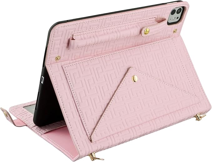 Handbag Case for iPad Pro 12.9" (6th/5th/4th Generation) & iPad Air 13" M3 M2, Techcircle Elegant Crossbody Folio Stand Wallet Case w/Pencil Holder, Card Slots, Hand+Shoulder Strap, Baby Pink