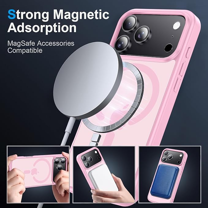 Strong Magnetic for iPhone 17 Pro Case with Camera Lens Protector [ Military-Grade Protection] Compatible with MagSafe Shockproof Slim Thin Cover case for iPhone 17 Pro 6.3 inch, Light Pink