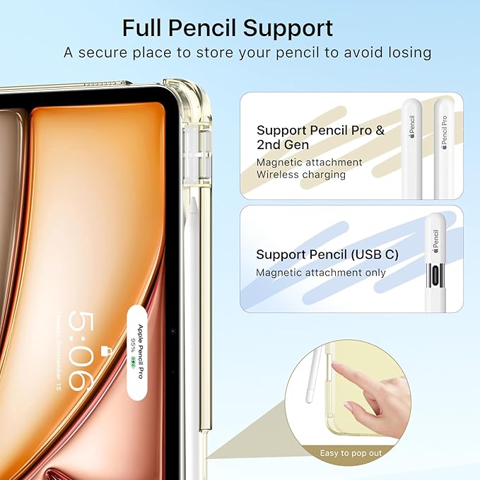 MoKo for iPad Air 11 inch Case (M4/M3/M2) 2026/2025/2024, iPad Air 5th/4th Gen 10.9 inch Case 2022/2020 with Pencil Holder, Slim Light Trifold Cover with Hard PC Translucent Back Shell, Starlight