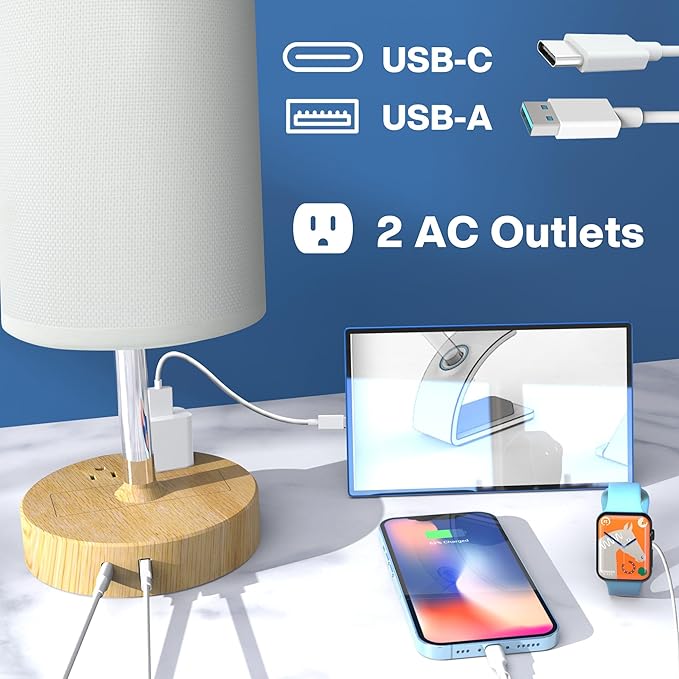 Small Bedside Table Lamp for Bedroom - 3 Way Dimmable Touch Lamp with USB Charging Station and AC Outlet, Wood Base & Fabric Linen Lampshade for Office, Living Room, Dorm, Wood-White, (LED Included)