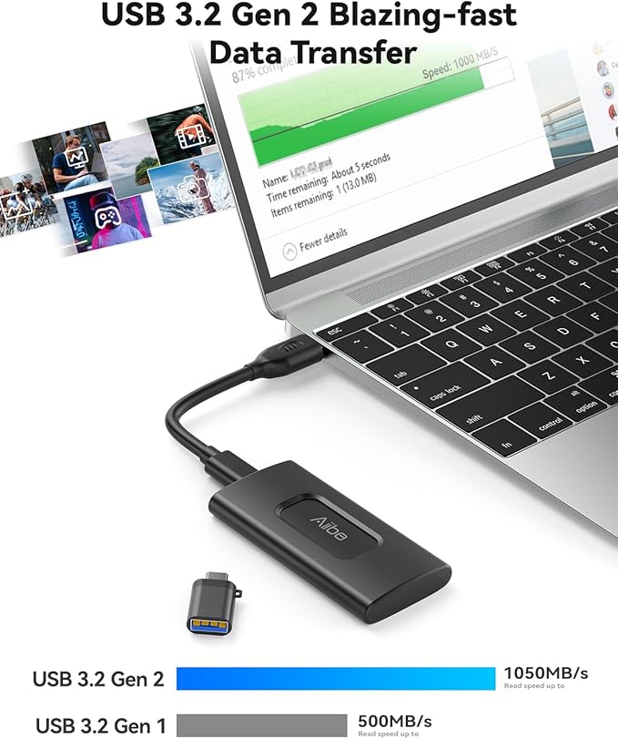 Aiibe 1TB External SSD USB C Portable SSD USB 3.2 Gen 2, Up to 1050MB/s, External Solid State Drive 1TB External Hard Drive for iPhone 17/16/15, Laptop (Black)