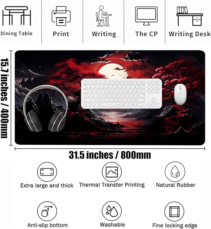 Japanese Mouse Pad, Large Japanese Desk Mat, XXL Anime Gaming Keyboard Mat, Non-Slip Rubber Base & Stitched Edges, Big Extended Desk Protector for Home Office, 31.5”x15.7” Dark Canyon