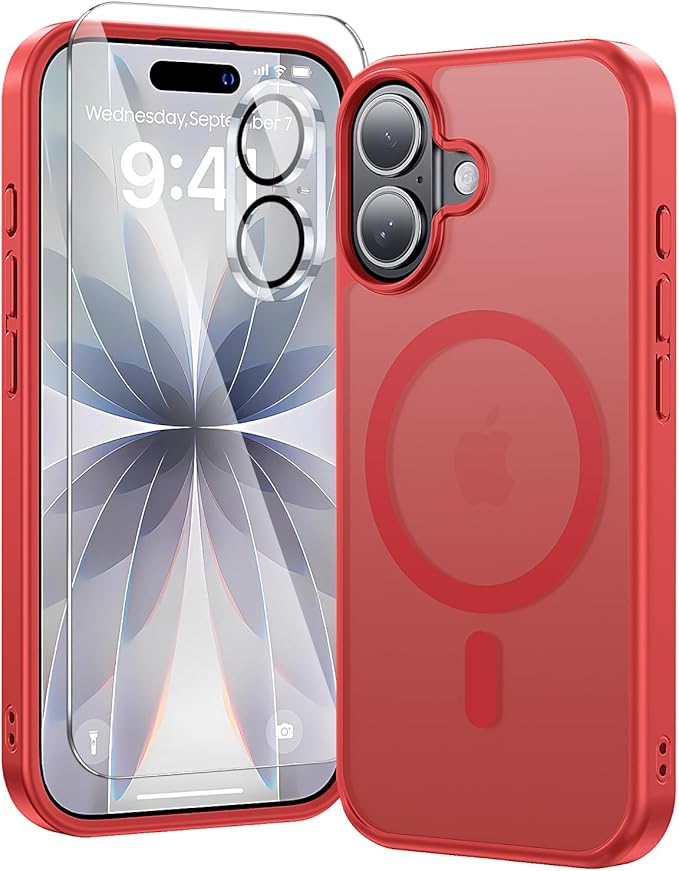toushion 3 in 1 for iPhone 17 Case Matte Red,Fits MagSafe, Screen Protector*1 Camera Lens Protector*1,Matte Skin Feeling Back, Cover Military-Grade Protection