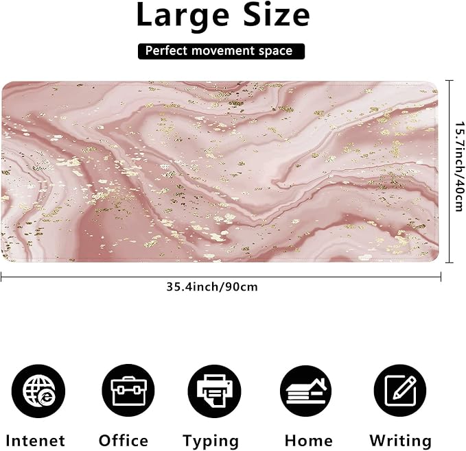 Liquid Marble Desk Mat,Abstract Marble with Gold Splatter Gaming Mouse Pad,Large Non-Slip Rubber Base Mousepad with Stitched Edges,Waterproof Mouse Mat Desk Pad for Office Game Home 35.4x15.75 in