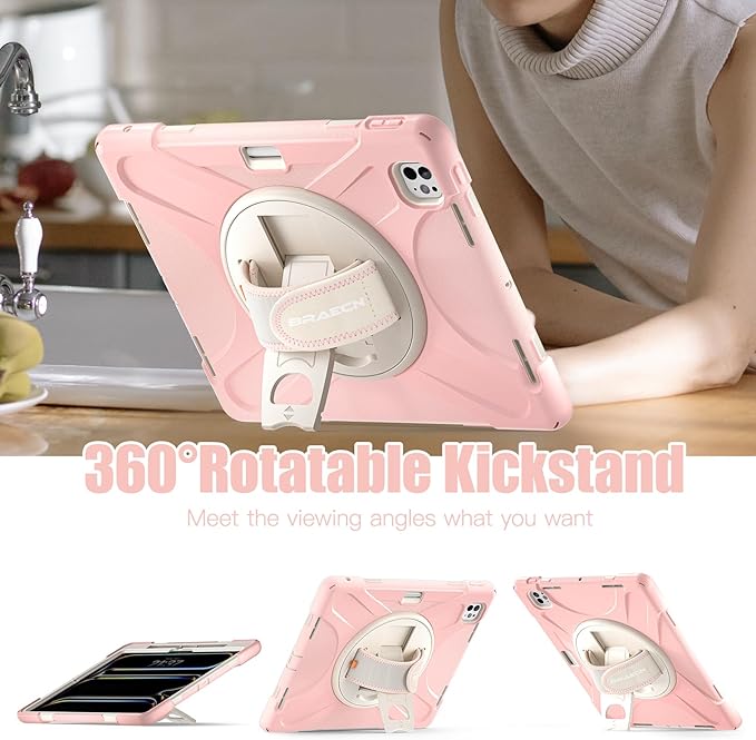 BRAECNstock Case for Apple iPad Pro 13 inch M5 2025 / M4 2024, Shockproof Protective Kids Case with Pencil Holder [360 Rotating Hand Strap + Stand], Shoulder Strap, Sakura Pink